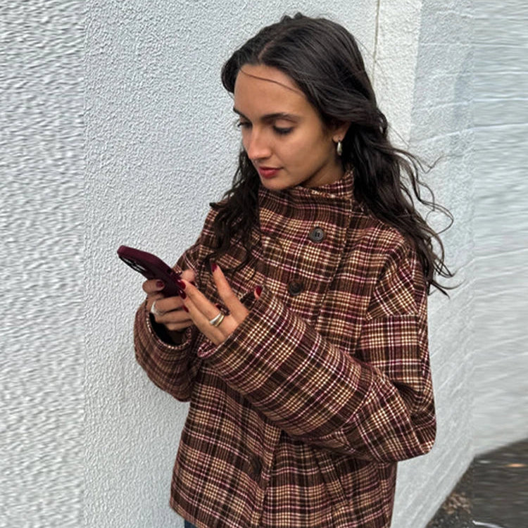 Women's Checked Stand Collar Coat