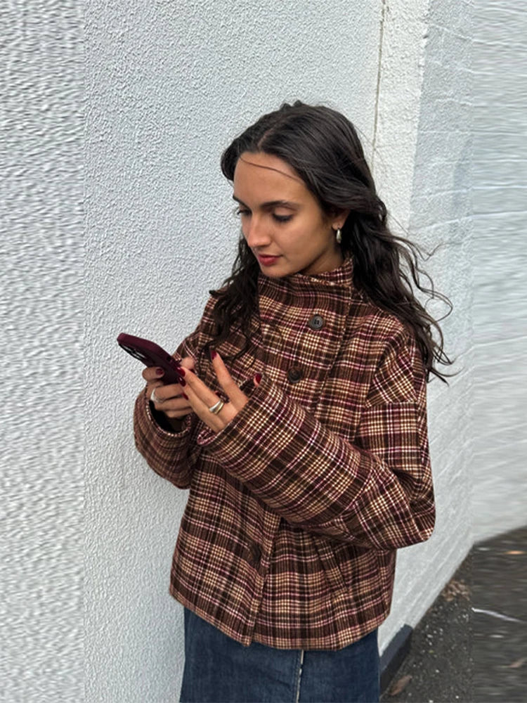 Women's Checked Stand Collar Coat