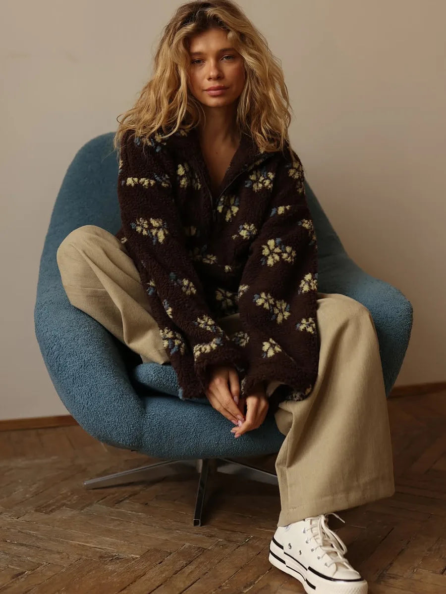 Women's Floral Half Zip Sherpa Top
