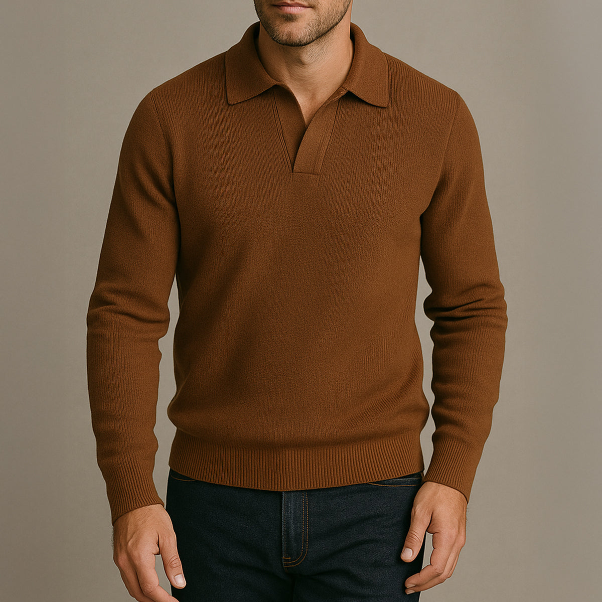 The Portofino Knitted Long Sleeve Polo Sweater for Men Open Collar