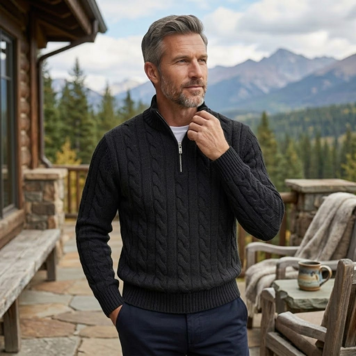 The Pesaro Men's Cable Knit High Neck Quarter Zip Sweater