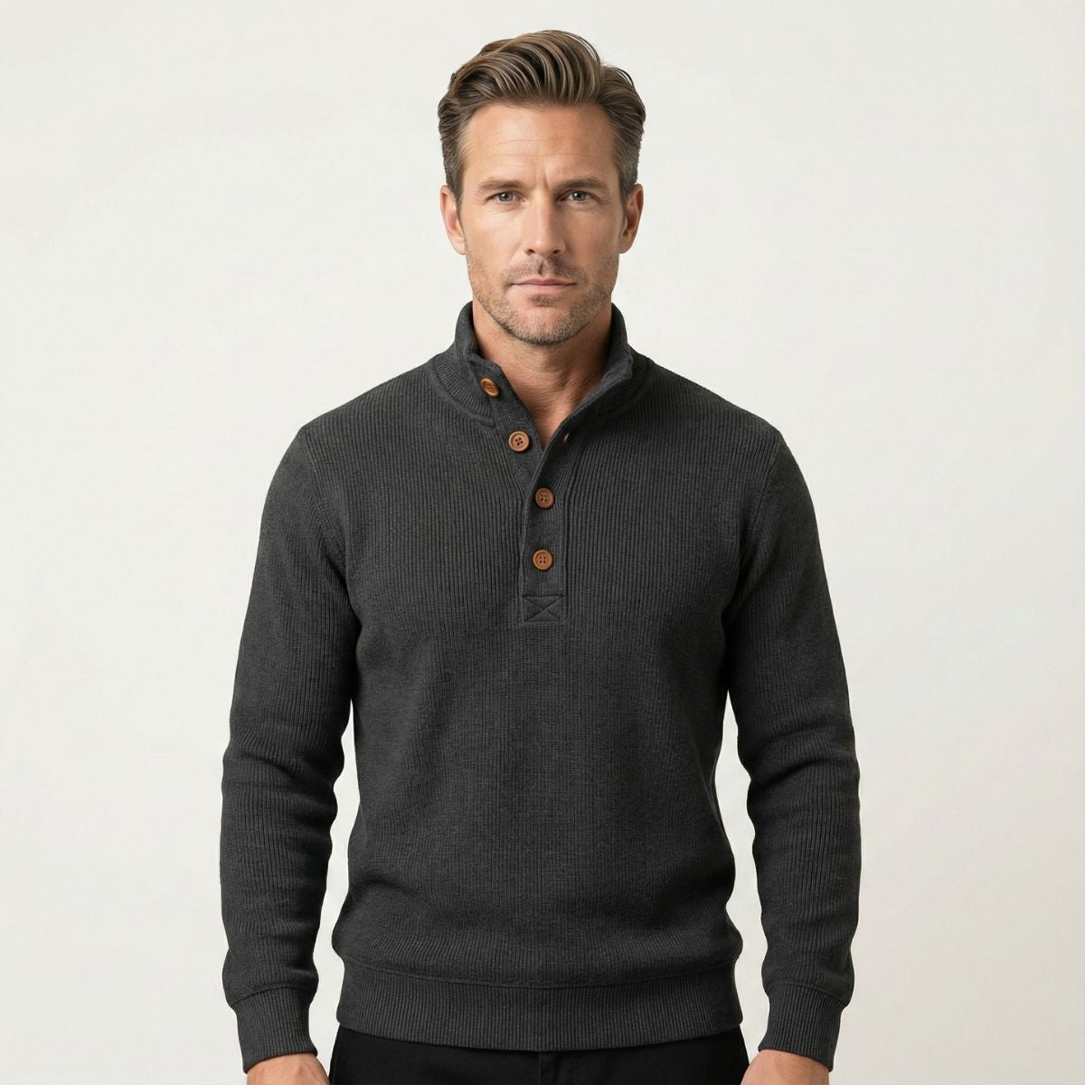 The Waldorf Men’s Grey Luxury Button Neck Knit Sweater