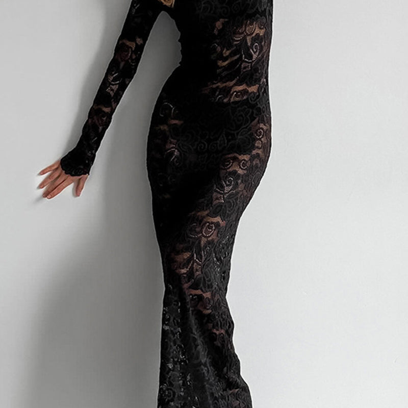 Women's Sheer Black Lace Maxi Dress