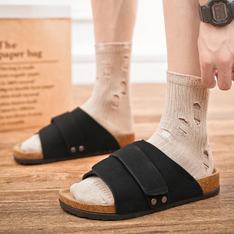 Men's Slide Sandals – Wide Strap Suede Look