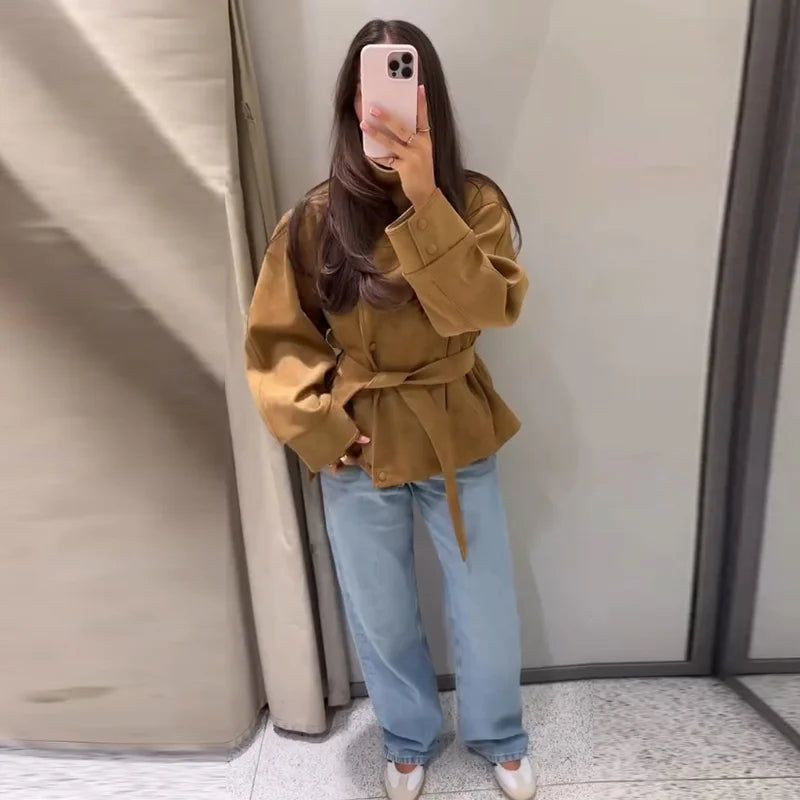 Women's Belted Suede High Collar Jacket — Khaki