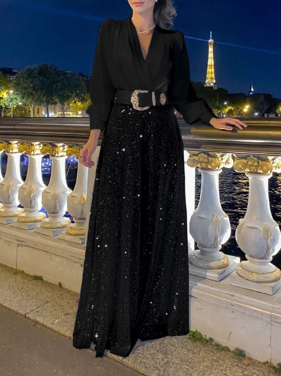 Women's Black and White Sequin Evening Dress