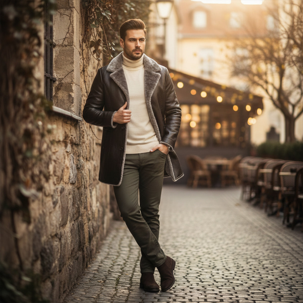 Men’s Button-Up Fur Lined Long Leather Winter Coat