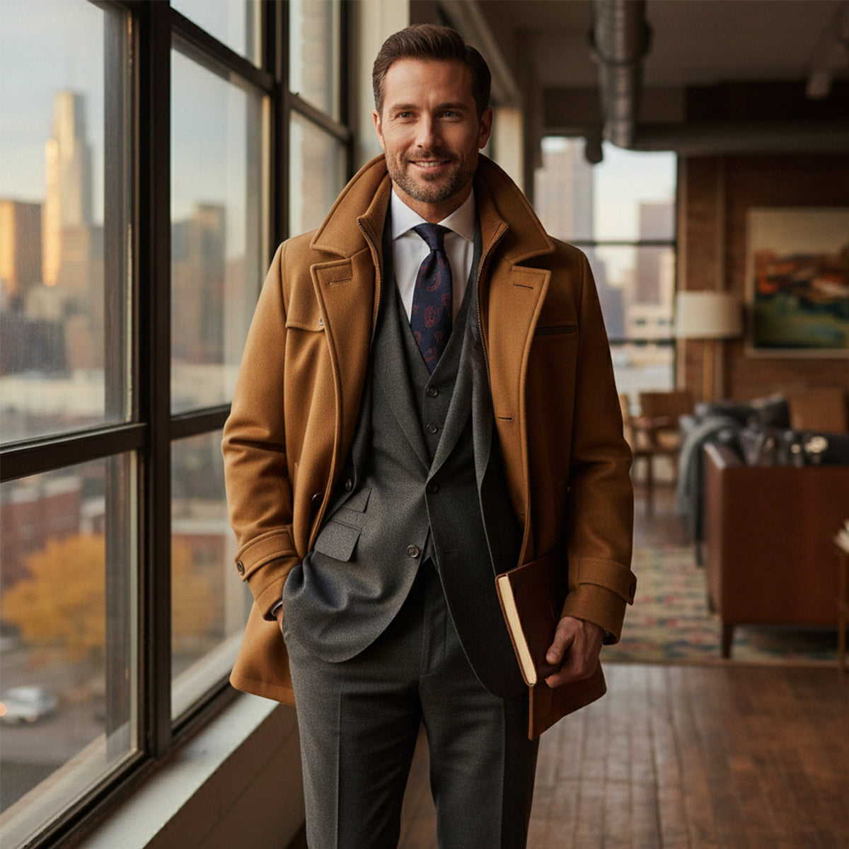 Men’s Waterproof Casual Long Jacket with Adjustable Cuffs