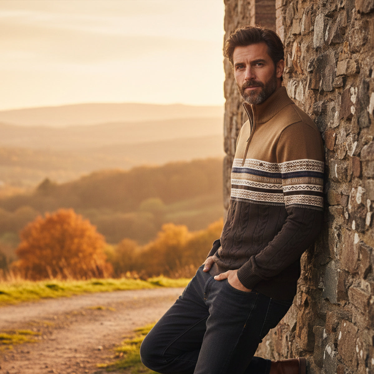 The Chatsworth Men's Quarter Zip Cotton Sweaters – Fair Isle Knit