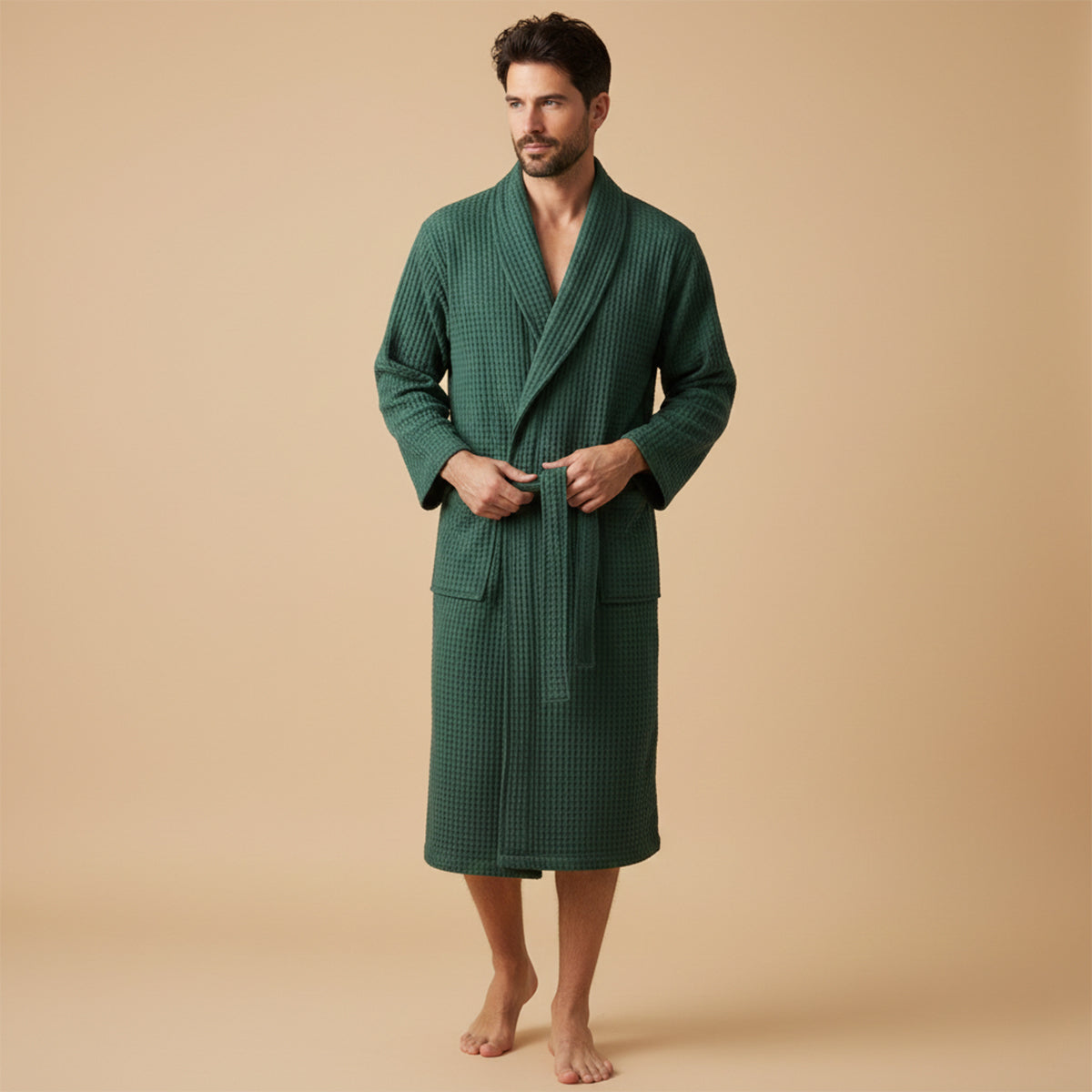 Men's Cotton Waffle Lightweight Spa Bathrobe with Belt