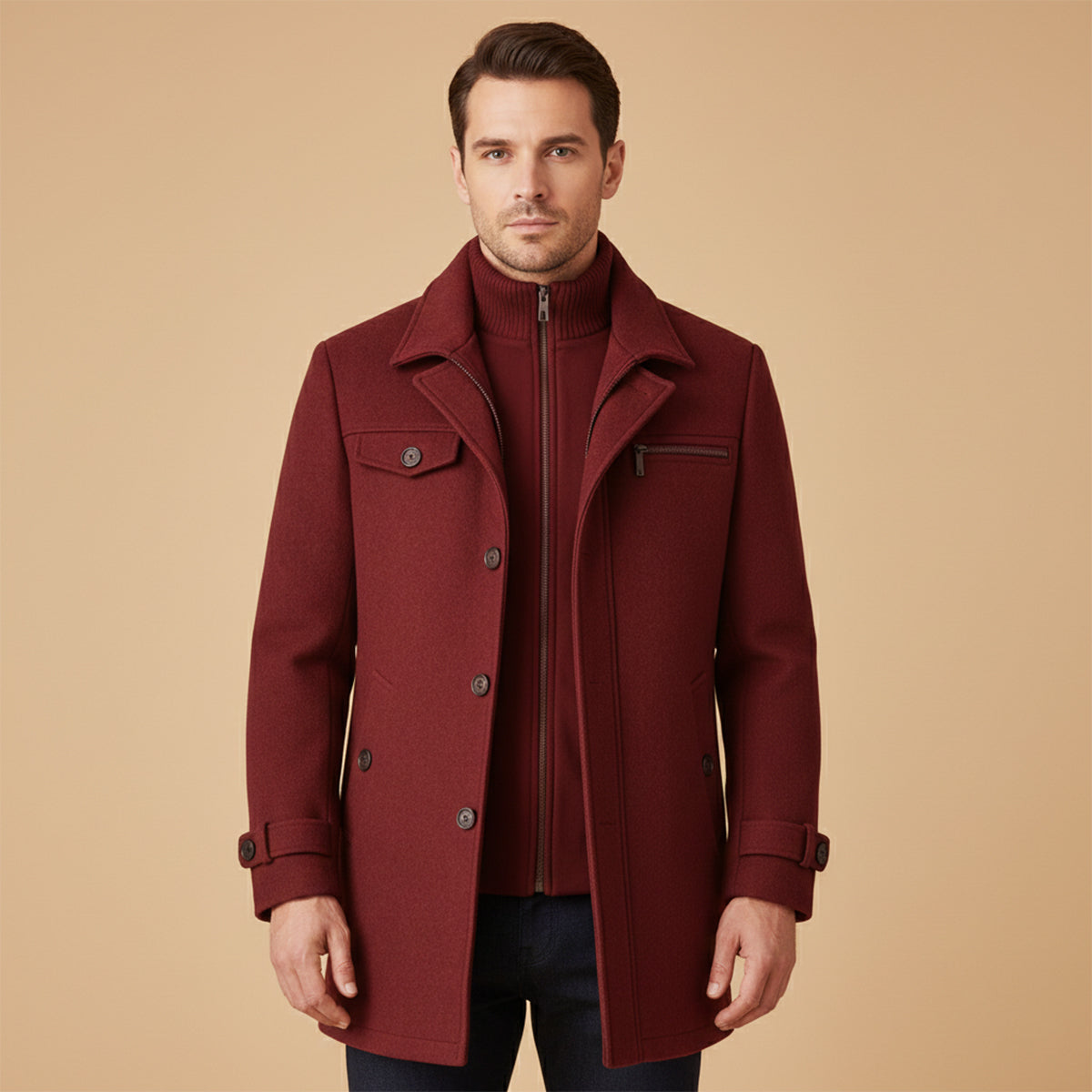 Men’s Smart Wool Blend Jacket with Zipper and Button Closure