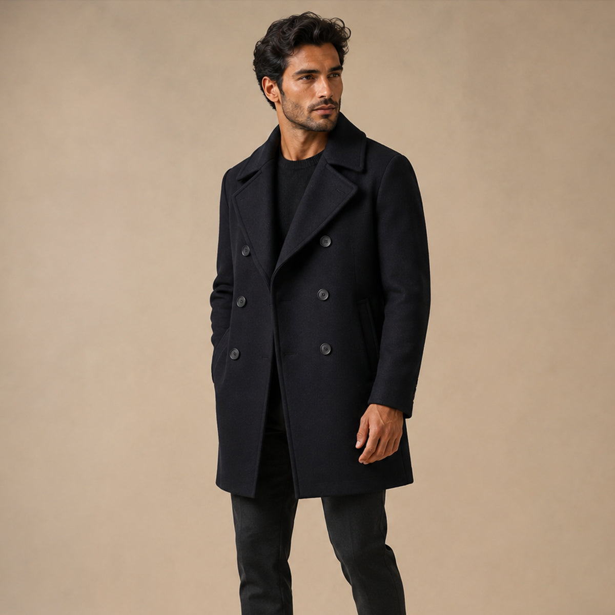 Men’s Warm Winter  Double Breasted Wool Peacoat – Black