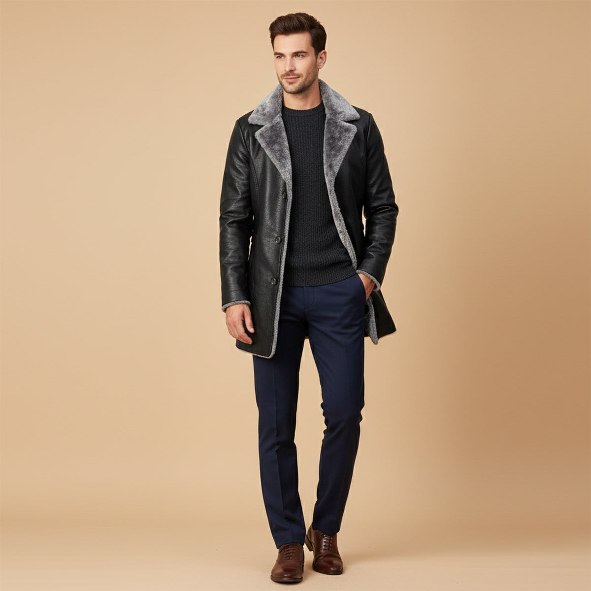 Men’s Button-Up Fur Lined Long Leather Winter Coat