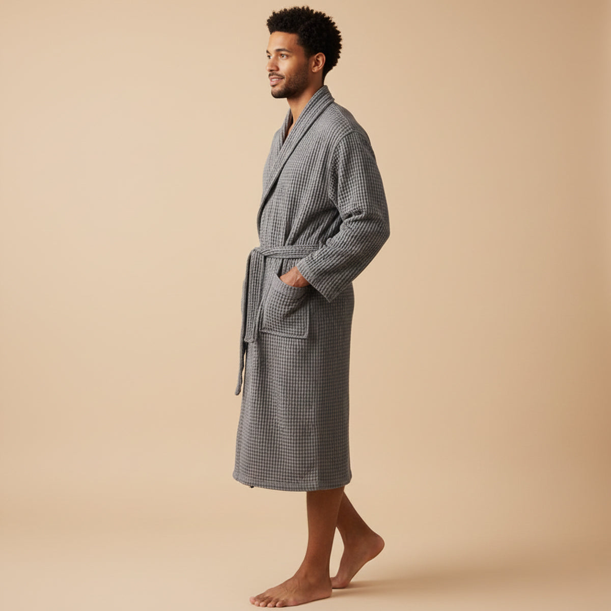 Men's Cotton Waffle Lightweight Spa Bathrobe with Belt
