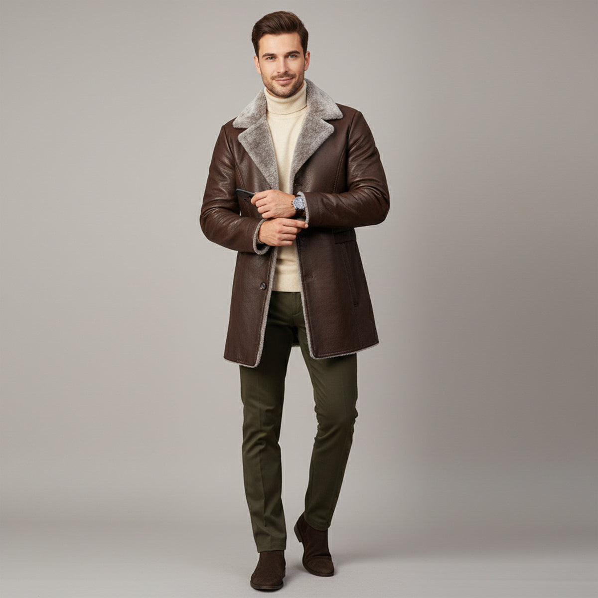 Men’s Button-Up Fur Lined Long Leather Winter Coat
