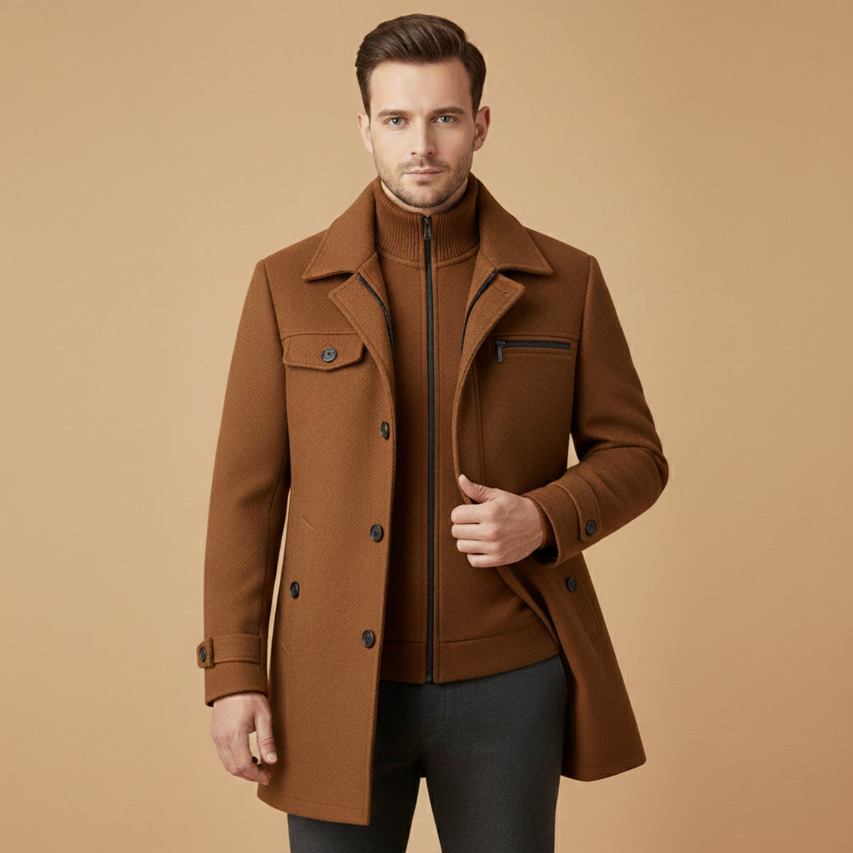 Men’s Smart Wool Blend Jacket with Zipper and Button Closure