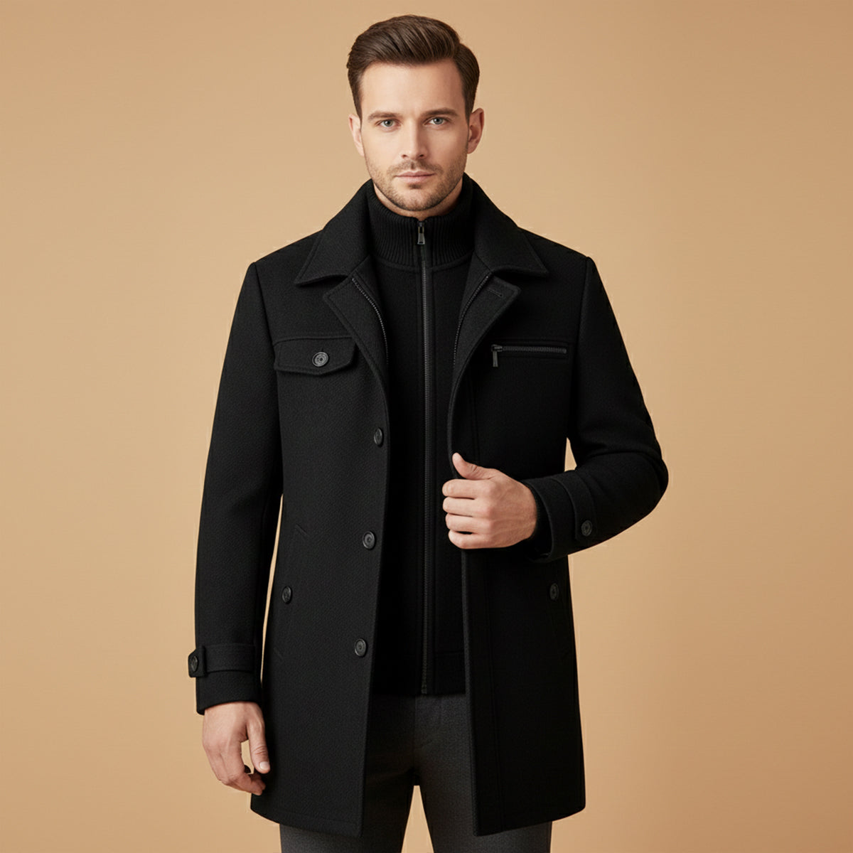 Men’s Smart Wool Blend Jacket with Zipper and Button Closure