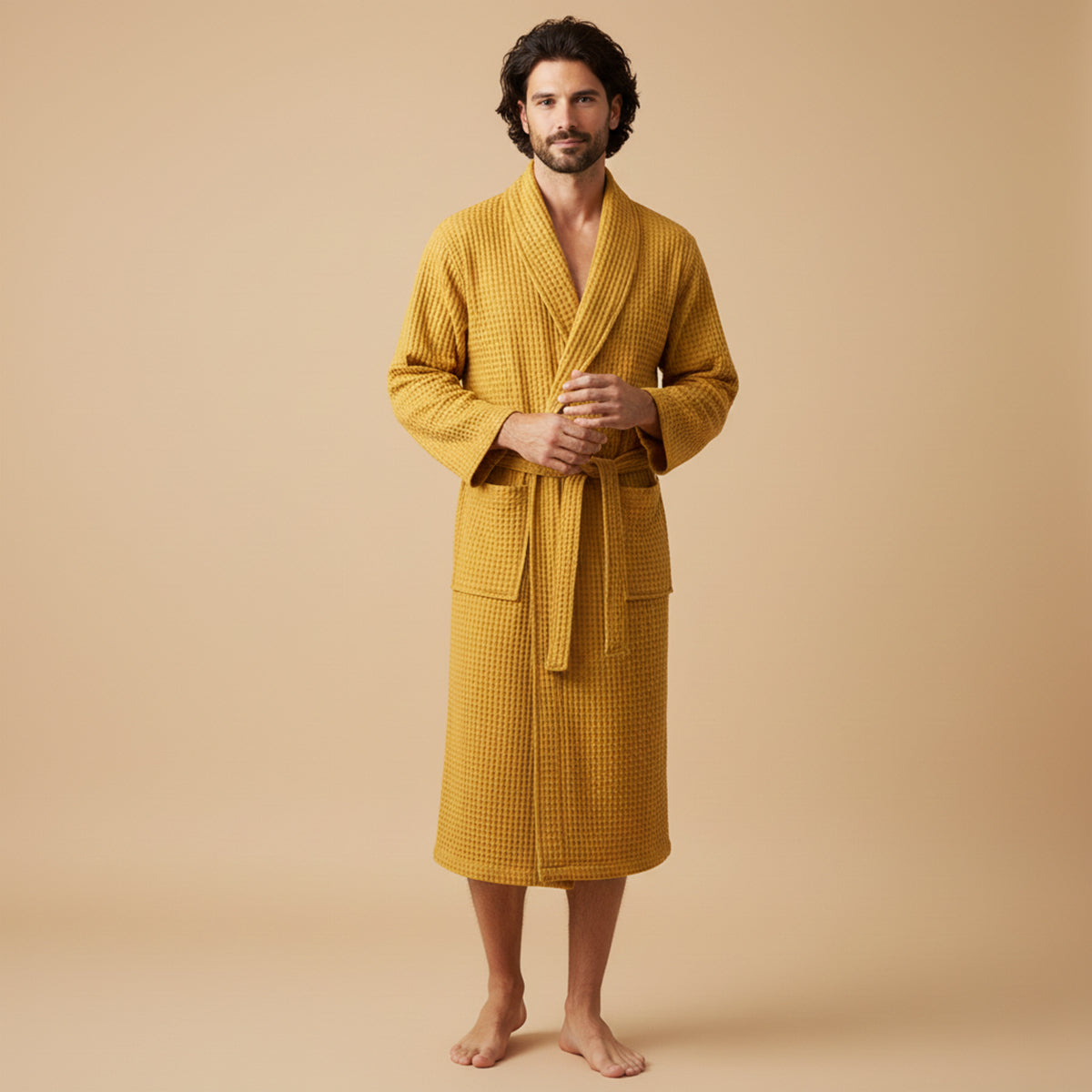 Men's Cotton Waffle Lightweight Spa Bathrobe with Belt