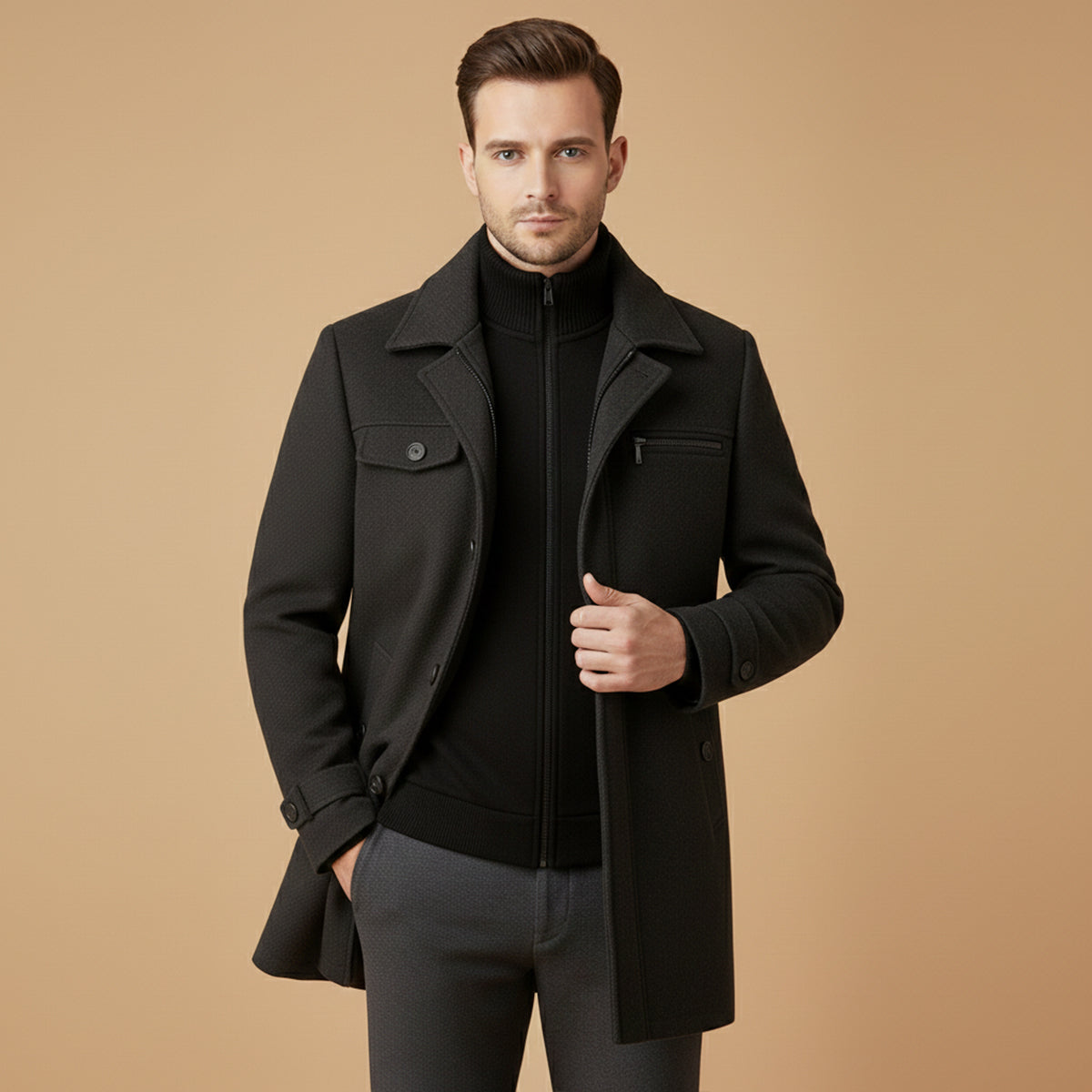 Men’s Smart Wool Blend Jacket with Zipper and Button Closure