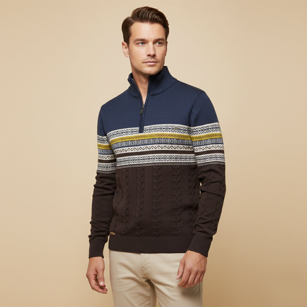 The Chatsworth Men's Quarter Zip Cotton Sweaters – Fair Isle Knit